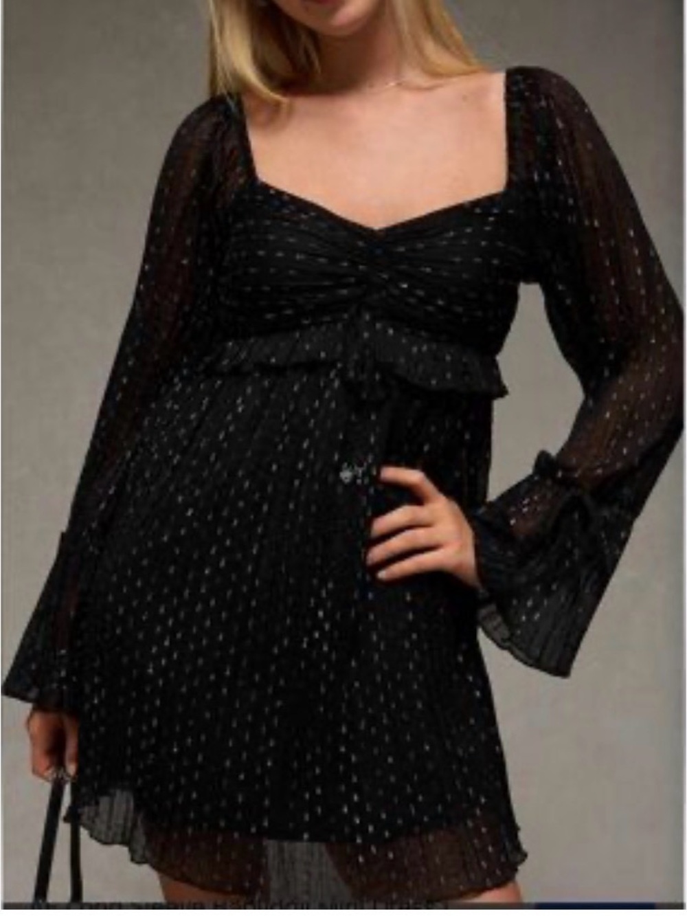 American Eagle Outfitters Black Dot-Print Pleated Tunic